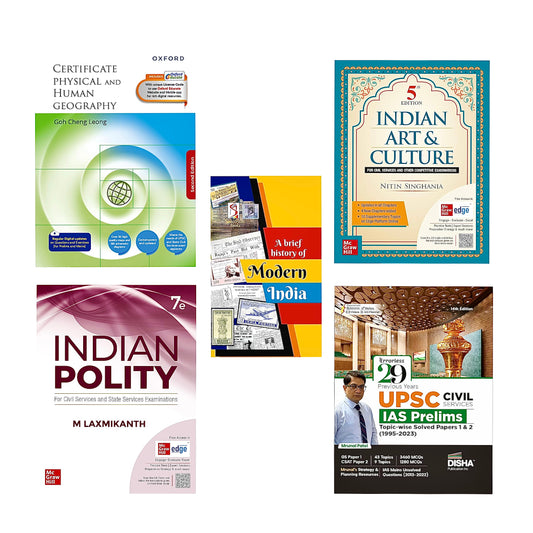 UPSC Prelims 5 Books Set (Modern History Latest Edition + Physical and Human Geography GC Leong+29 Years Disha Pre Papers+ Indian Polity 7th+ Art n Culture 5th)